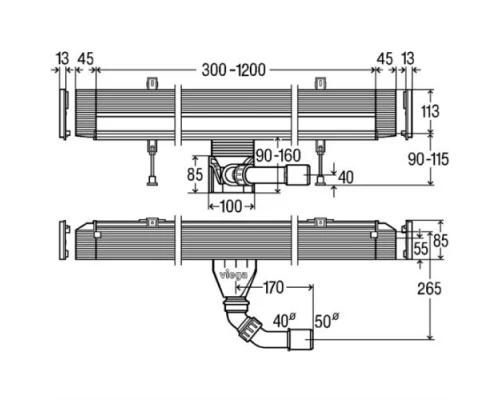 Душевой лоток Viega Advantix Vario 736552 под щелевую решетку, пристенный, подрезной от 30-120 см, высота сифона 8,5 см