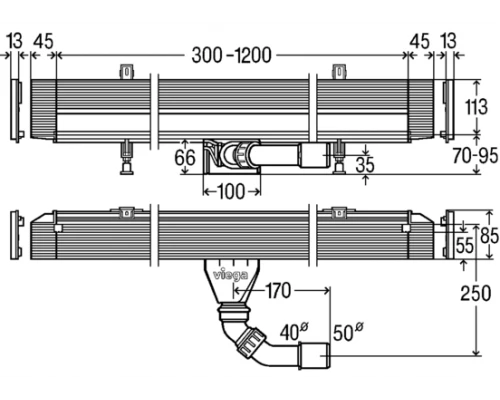 Душевой лоток Viega Advantix Vario 736736 под щелевую решетку, пристенный, подрезной от 30-120 см, высота сифона 6,6 см