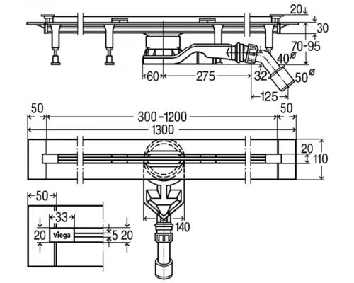 Душевой лоток Viega Advantix 721671 под дизайн-вставку, корпус, подрезной, 70 мм, (плоская модель)