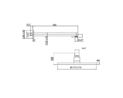 Верхний душ BelBagno Romano ROM-SLD-CRM, квадратный 25 см, 1 режим струи, с держателем, хром