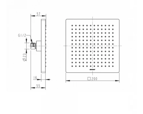 Верхний душ Bravat Built-in P7078C-RUS, квадратный 20 см, 1 режим струи, без держателя, наружная резьба, хром