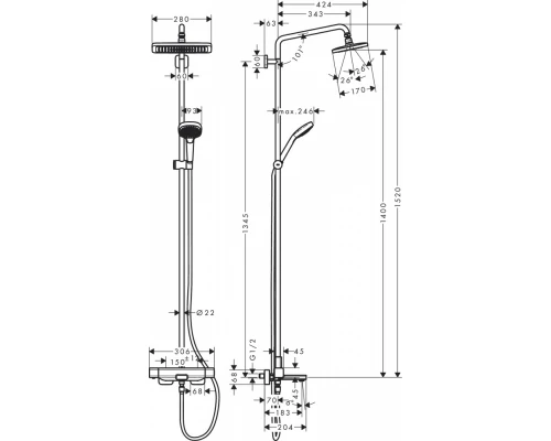 Душевая система Hansgrohe Croma E Showerpipe 280 1jet 27687000 c термостатом и изливом для ванны, хром
