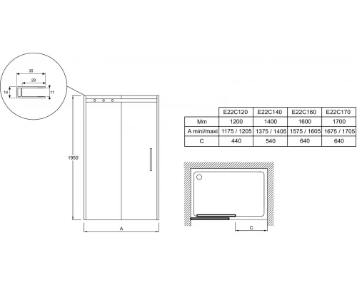 Душевая дверь Jacob Delafon Contra E22C120-BL, 120 х 195 см, стекло прозрачное, профиль чёрный