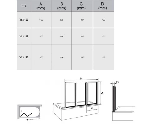 Шторка для ванны Ravak VS3 130, профиль белый/сатин, витраж полистирол рейн/транспарент/грейп