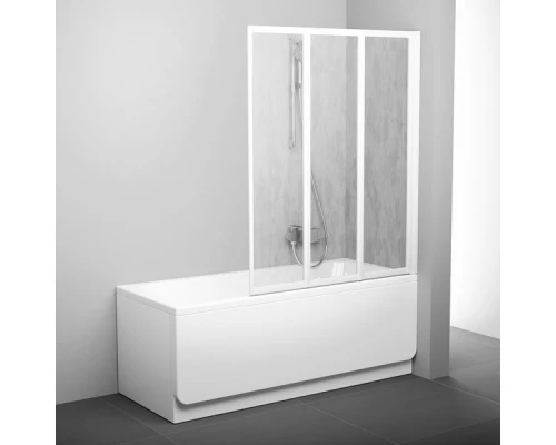 Шторка для ванны Ravak VS3 130, профиль белый/сатин, витраж полистирол рейн/транспарент/грейп