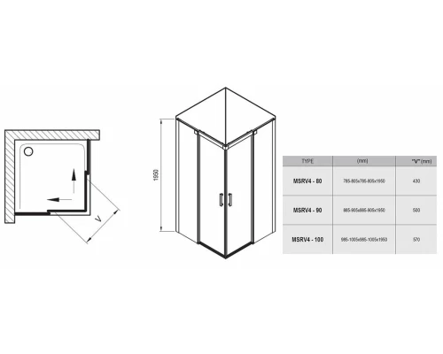 Душевой уголок Ravak Matrix MSRV4 80х80, профиль блестящий, витраж транспарент, 1WV44C00Z1