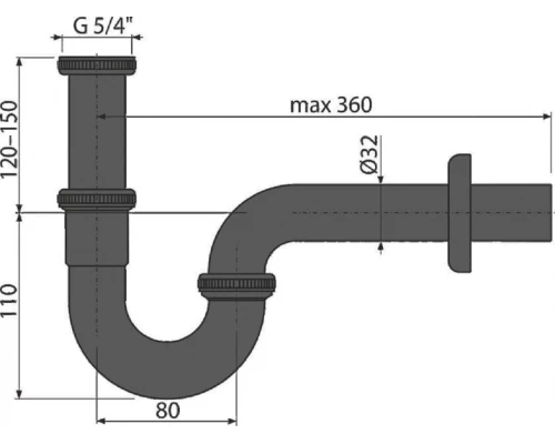 Сифон для раковины AlcaPlast A4320BLACK, DN32, U-форма с накидной гайкой 5/4 дюйма, цвет - черный матовый