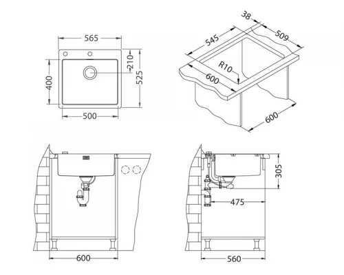 Мойка кухонная Alveus PURE 70 SAT-90 565 x 525 1122385