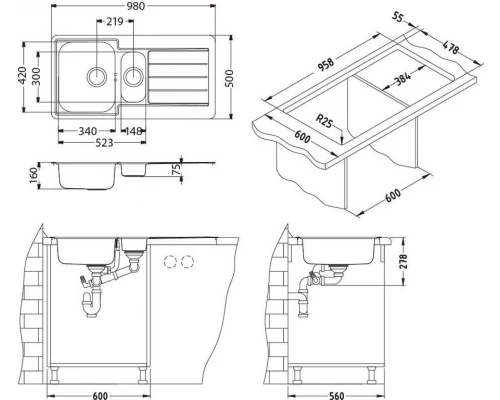 Мойка кухонная Alveus LINE 10 SAT-90 980 x 500 1064281
