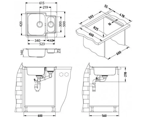 Мойка кухонная Alveus LINE 50 SAT-90 615 x 500 1065676