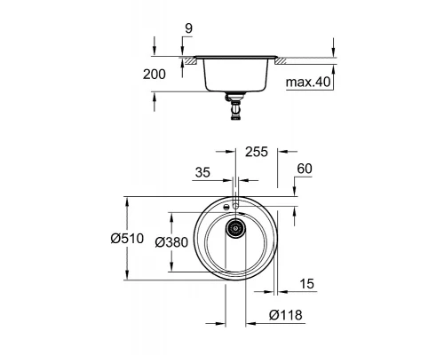 Мойка кухонная из искусственного гранита Grohe K200 31656AT0, 51 см, с корзинчатым вентилем и донным клапаном, серый гранит