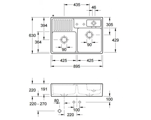 Мойка кухонная Villeroy&Boch две чаши 89.5 см 632391R1 под столешницу