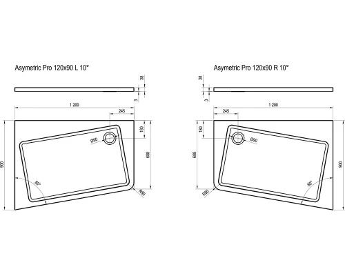 Поддон Ravak Asymetric Pro 10°, левый/правый, 120 х 90 см, из искусственного камня, белый, XA25G70101L/XA25G70101P