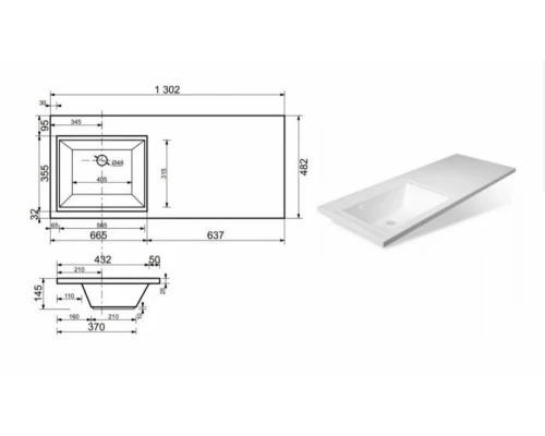 Раковина Эстет Даллас 130 ФР-00002166, 130.2 х 48.2 х 14.5 см, левая