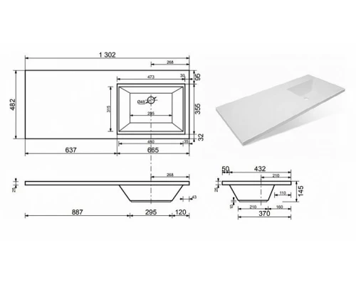 Раковина Эстет Даллас 130 ФР-00002167, 130.2 х 48.2 х 14.5 см, правая
