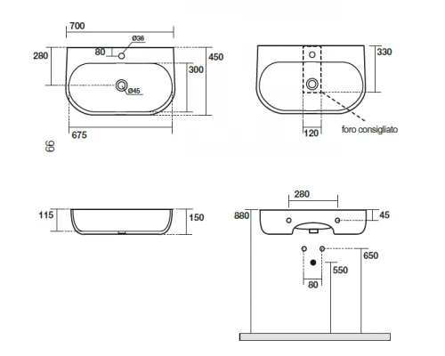 Раковина накладная Kerasan Nolita 534201*1, 70 х 45 см, цвет белый глянцевый