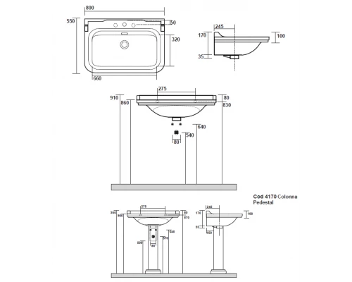 Раковина Kerasan Waldorf 4141K1bi/cr*1, 80*55 см