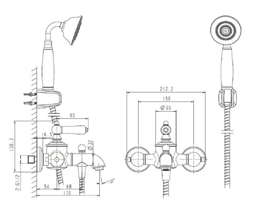 Смеситель Bravat Art F675109G-B для ванны, короткий излив, с душевым гарнитуром