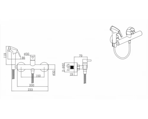 Смеситель Bravat D9141BW-RUS с гигиеническим душем, черный
