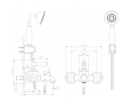 Смеситель Bravat Art Black для ванны и душа с душевым гарнитуром, черный, F675109BM-B