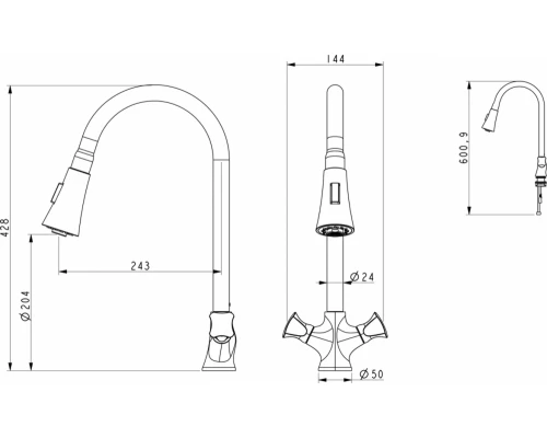 Смеситель D&K Hessen Grimm DA1382501 для кухонной мойки с выдвижным изливом, хром