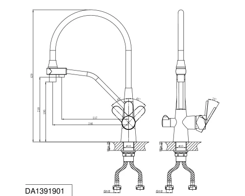 Смеситель D&K Rhein Marx DA1391901 для кухонной мойки с подключением к фильтру, гибкий излив, хром