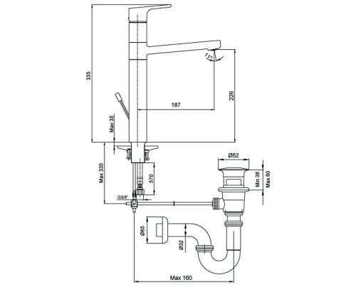 Смеситель E.C.A Luna 102108974EX для раковины с удлиненным корпусом и донным клапаном