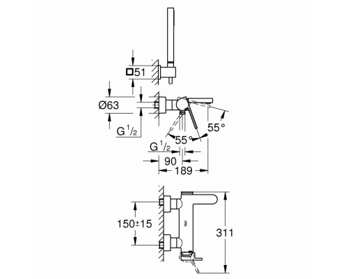Смеситель Grohe Plus 33547003 для ванны и душа, с душевым набором