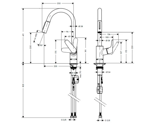 Смеситель Hansgrohe Focus, для кухни, выдвижной излив, цвет сталь, 31815800