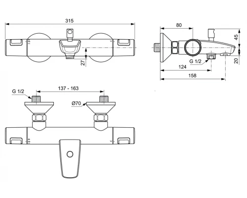 Смеситель Ideal Standard Ceratherm T25 термостатический для ванны и душа, хром, A7206AA