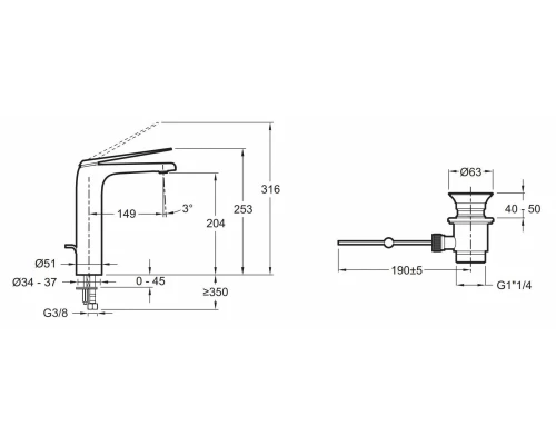 Смеситель Jacob Delafon Avid E97347-CP для раковины высокий с донным клапаном