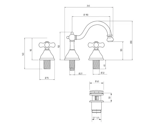 Смеситель Migliore Provance 19461 для биде на 3 отверстия, бронза