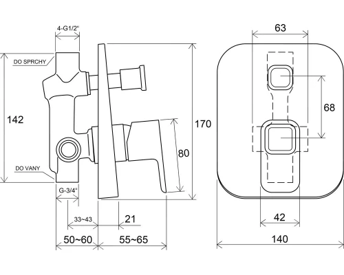 Смеситель для ванны и душа Ravak 10° TD 061.00, скрытого монтажа, хром, X070068