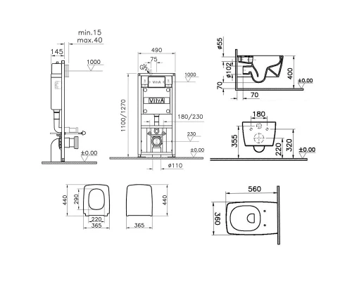 Инсталляция Vitra  с унитазом Vitra Metropole 9820B003-7201, сиденье тонкое микролифт, кнопка матовый хром, комплект