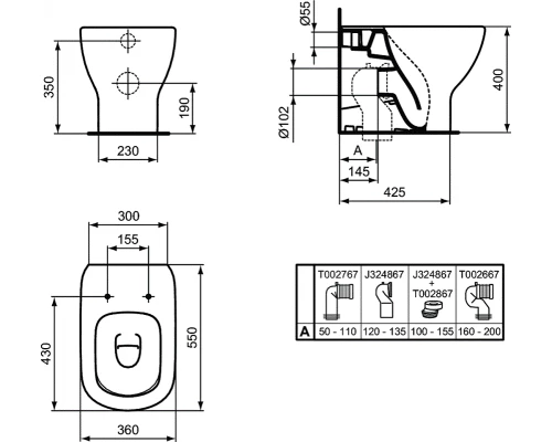 Приставной унитаз Ideal Standard Tesi AquaBlade® T007701, безободковый