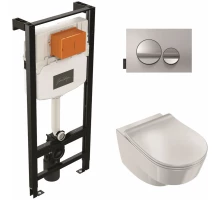 Инсталляция с безободковым унитазом Jacob Delafon Odeon Rive Gauche E21745RU-00, клавиша матовый и глянцевый хром, тонкое сиденье с микролифтом