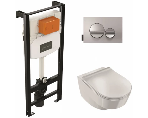 Инсталляция с безободковым унитазом Jacob Delafon Odeon Rive Gauche E21745RU-00, клавиша матовый и глянцевый хром, тонкое сиденье с микролифтом