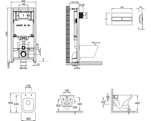 Инсталляция Jacob Delafon E21746RU-00 с безободковым унитазом Vox EDM102, крышка-сиденье, клавиша хром (E29025+E4316+EDM102+E20142)