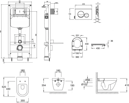 Инсталляция Jacob Delafon E21748RU-00 с безободковым унитазом Rodin+ EDY102, сиденье микролифт, клавиша черная круг (E24156+E20859-7-BMT+EDY102+E23280)