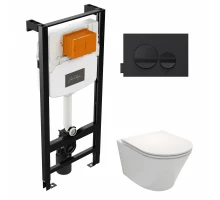 Инсталляция Jacob Delafon E21748RU-00 с безободковым унитазом Rodin+ EDY102, сиденье микролифт, клавиша черная круг (E24156+E20859-7-BMT+EDY102+E23280)