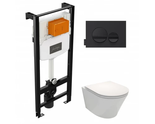 Инсталляция Jacob Delafon E21748RU-00 с безободковым унитазом Rodin+ EDY102, сиденье микролифт, клавиша черная круг (E24156+E20859-7-BMT+EDY102+E23280)