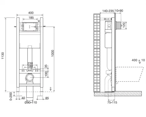 Инсталляция Jacob Delafon 40 см, с безободковым унитазом Vox EDM102, сиденье тонкое микролифт, клавиша хром, комплект E21770RU-00 (E33131RU+EDM102+E20142+E4316-CP)