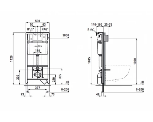 Инсталляция Laufen с безободковым унитазом Laufen Pro Rimless 8.6996.6.000.000.R, кнопка, сиденье микролифт, комплект Pack Laufen Pro Rimless