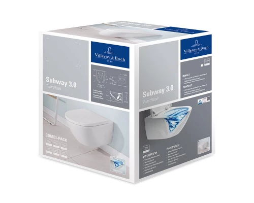 Подвесной унитаз Villeroy&Boch Subway 3.0 с сиденьем QuickRelease и Soft-Closing, 4670TSR1, альпийский белый, CeramicPlus