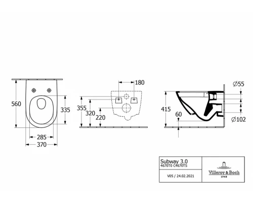 Подвесной унитаз Villeroy&Boch Subway 3.0 с сиденьем QuickRelease и Soft-Closing, 4670TS01, альпийский белый