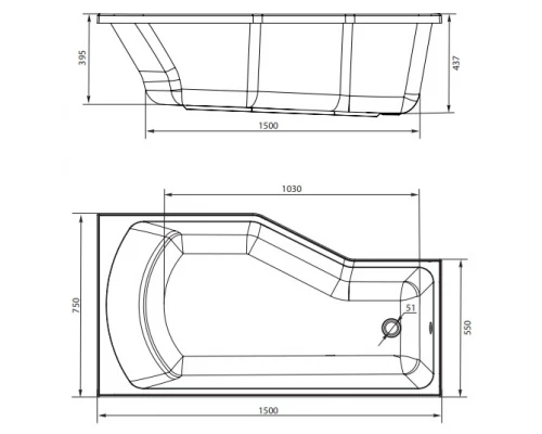 Акриловая ванна 1MarKa Convey L/R, асимметричная, 150x75
