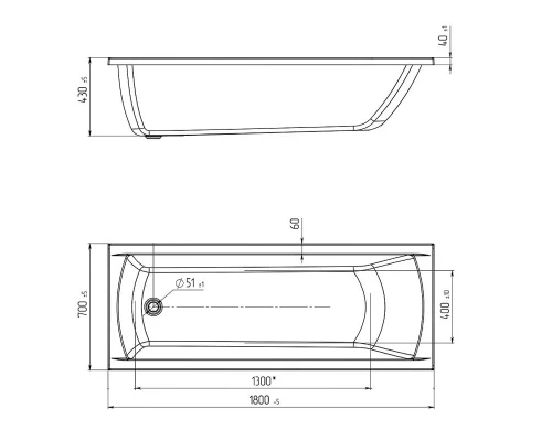 Акриловая ванна 1MarKa Modern 180x70 прямоугольная, белая (01мод1870)