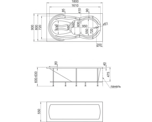 Ванна 1MarKa TAORMINA, прямоугольная, 180 х 90 см (01та1890)