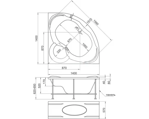 Акриловая ванна 1MarKa TRAPANI 140х140, угловая (01тр1414)