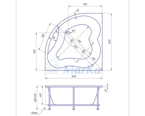 Угловая ванна 1MarKa CASSANDRA 140x140 (01кас1414)